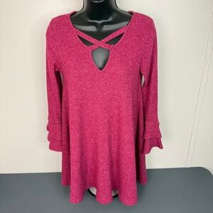 Alya Tunic Top Womens XS Magenta Pink Ribbed Strappy Ruffle Bell Sleeve
